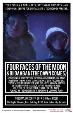 Poster image for Four Faces of the Moon and Biidaaban (The Dawn Comes) screening event. 