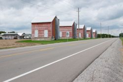 Image of a highway with rows of brick coloured barns.
