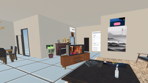 A digitally-made suburban living room. A tv plays 80s shows, asian style painting on the wall below a blue rectangle that says "visit room".